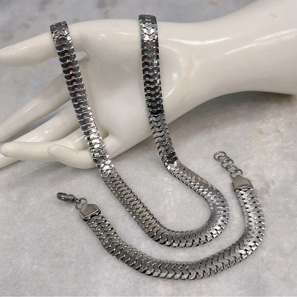 Silver Fancy Flat Link Necklace & Bracelet Set